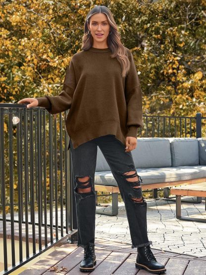 Women's Oversized Batwing Sweaters  Trendy Crewneck Knit Side Slit Fashion Pullover Tops