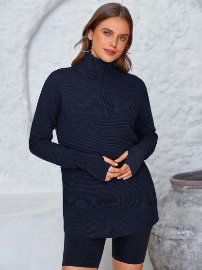 Womens Long Sleeve Quarter Zip Pullover Sweater Casual Loose V Neck Collared Ribbed Knit Jumper Tops Thumb Hole