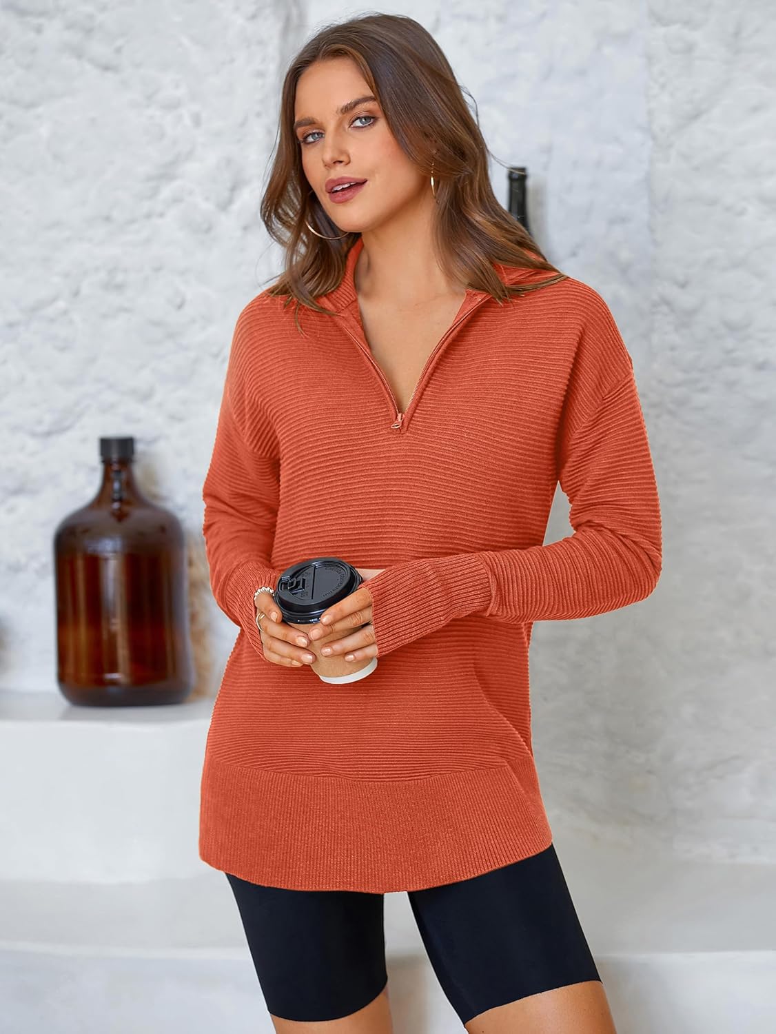  Womens Long Sleeve Quarter Zip Pullover Sweater Casual Loose V Neck Collared Ribbed Knit Jumper Tops Thumb Hole