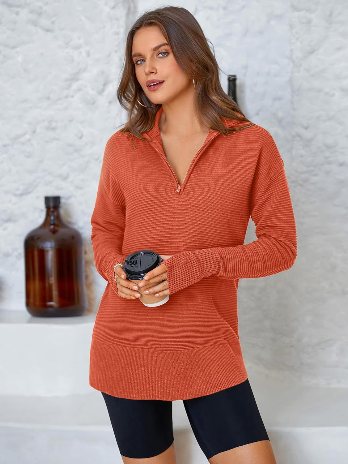  Womens Long Sleeve Quarter Zip Pullover Sweater Casual Loose V Neck Collared Ribbed Knit Jumper Tops Thumb Hole