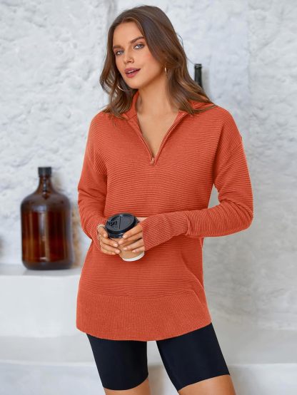  Womens Long Sleeve Quarter Zip Pullover Sweater Casual Loose V Neck Collared Ribbed Knit Jumper Tops Thumb Hole