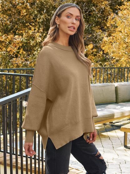 Women's Oversized Batwing Sweaters  Trendy Crewneck Knit Side Slit Fashion Pullover Tops