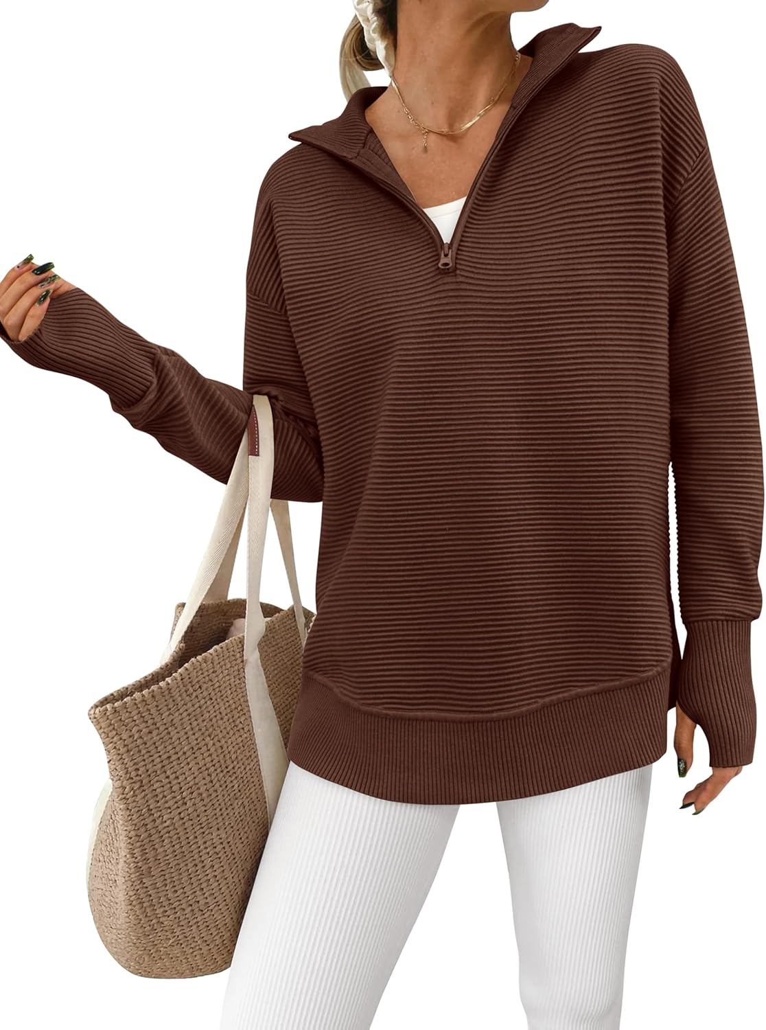  Womens Long Sleeve Quarter Zip Pullover Sweater Casual Loose V Neck Collared Ribbed Knit Jumper Tops Thumb Hole