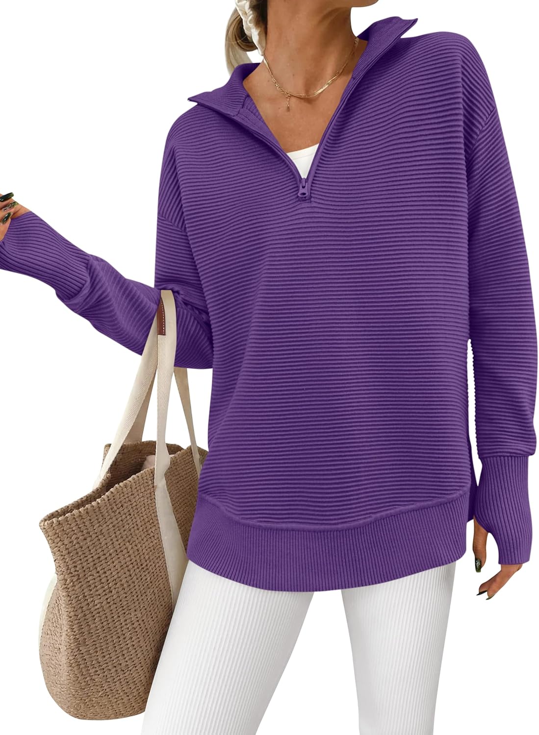  Womens Long Sleeve Quarter Zip Pullover Sweater Casual Loose V Neck Collared Ribbed Knit Jumper Tops Thumb Hole