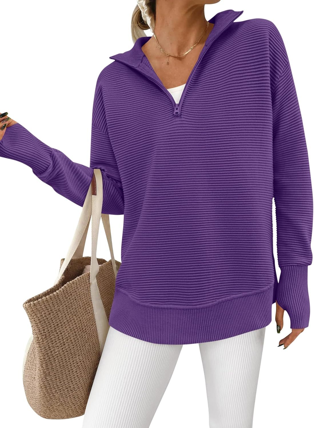  Womens Long Sleeve Quarter Zip Pullover Sweater Casual Loose V Neck Collared Ribbed Knit Jumper Tops Thumb Hole