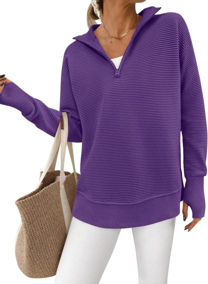  Womens Long Sleeve Quarter Zip Pullover Sweater Casual Loose V Neck Collared Ribbed Knit Jumper Tops Thumb Hole