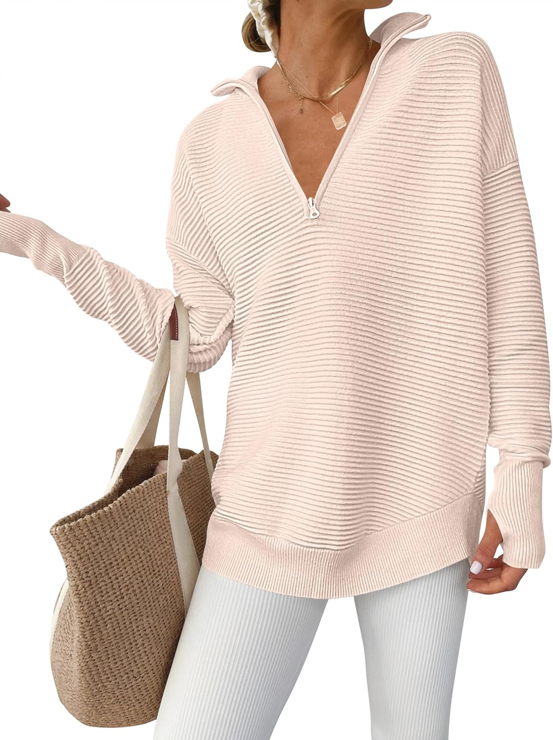Womens Long Sleeve Quarter Zip Pullover Sweater Casual Loose V Neck Collared Ribbed Knit Jumper Tops Thumb Hole