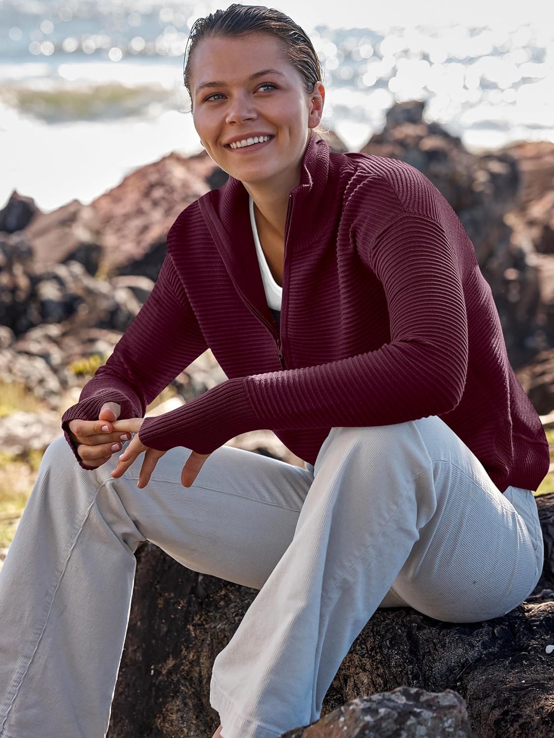 Womens Long Sleeve Quarter Zip Pullover Sweater Casual Loose V Neck Collared Ribbed Knit Jumper Tops Thumb Hole