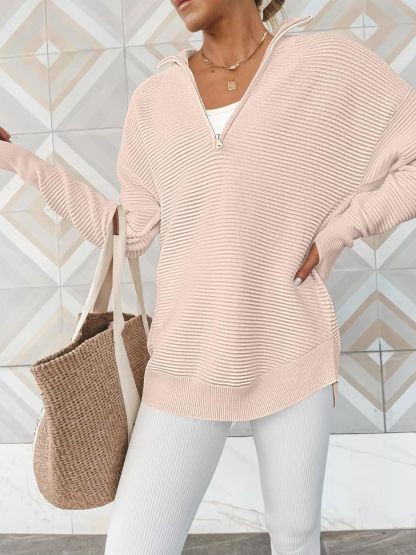 Womens Long Sleeve Quarter Zip Pullover Sweater Casual Loose V Neck Collared Ribbed Knit Jumper Tops Thumb Hole