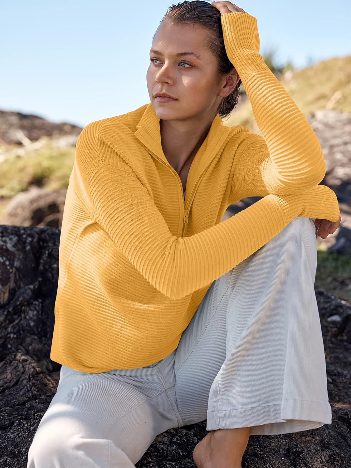 Womens Long Sleeve Quarter Zip Pullover Sweater Casual Loose V Neck Collared Ribbed Knit Jumper Tops Thumb Hole