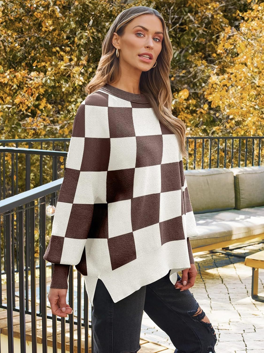 Women's Oversized Batwing Sweaters  Trendy Crewneck Knit Side Slit Fashion Pullover Tops