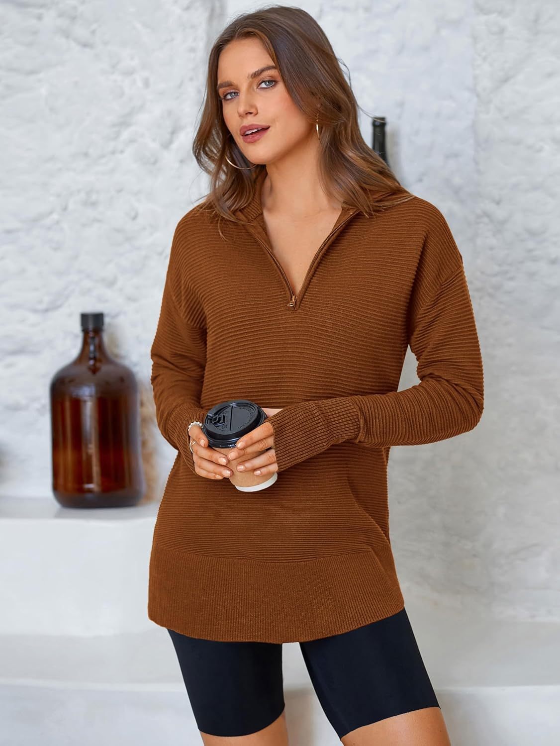  Womens Long Sleeve Quarter Zip Pullover Sweater Casual Loose V Neck Collared Ribbed Knit Jumper Tops Thumb Hole