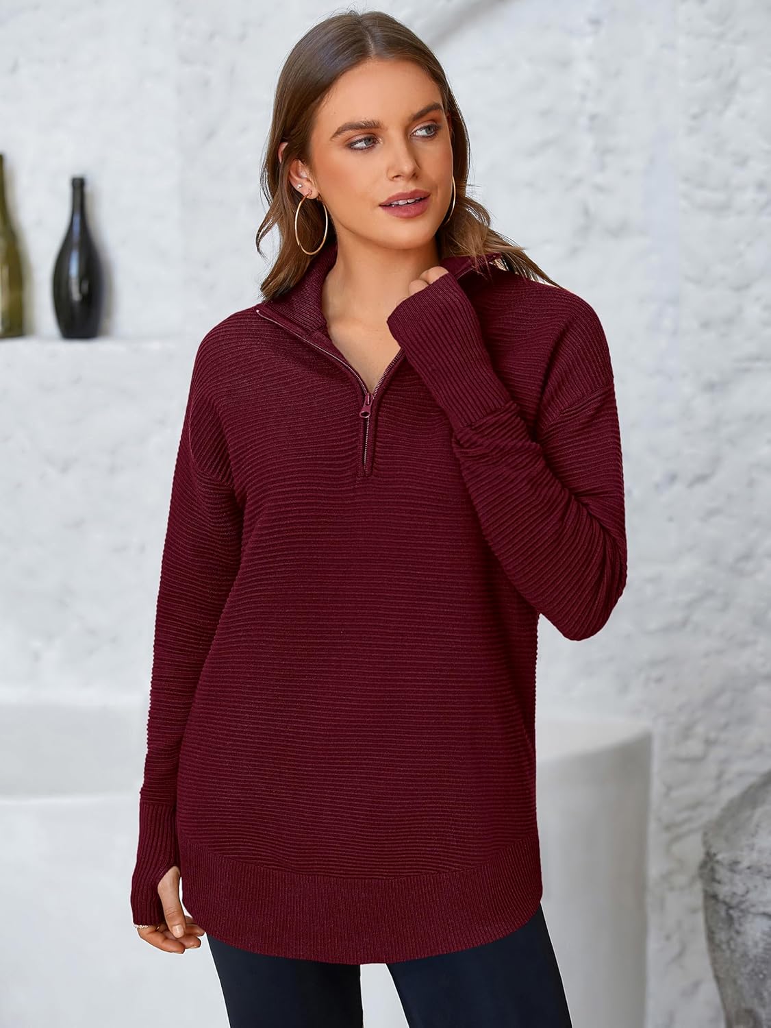  Womens Long Sleeve Quarter Zip Pullover Sweater Casual Loose V Neck Collared Ribbed Knit Jumper Tops Thumb Hole