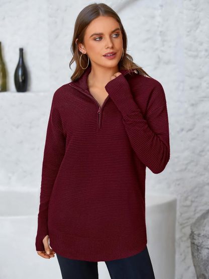  Womens Long Sleeve Quarter Zip Pullover Sweater Casual Loose V Neck Collared Ribbed Knit Jumper Tops Thumb Hole