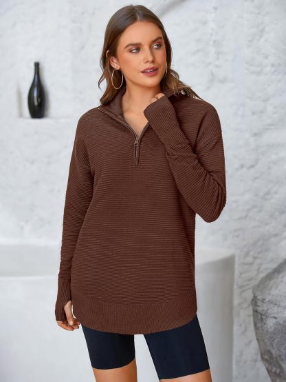  Womens Long Sleeve Quarter Zip Pullover Sweater Casual Loose V Neck Collared Ribbed Knit Jumper Tops Thumb Hole