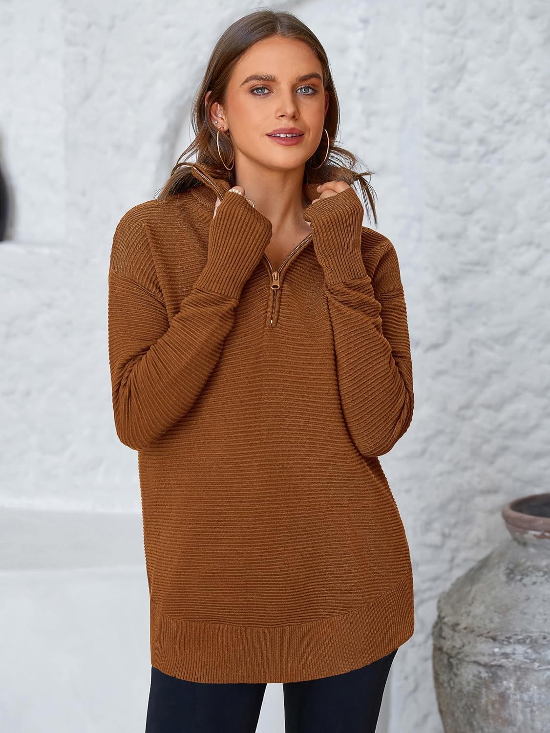  Womens Long Sleeve Quarter Zip Pullover Sweater Casual Loose V Neck Collared Ribbed Knit Jumper Tops Thumb Hole