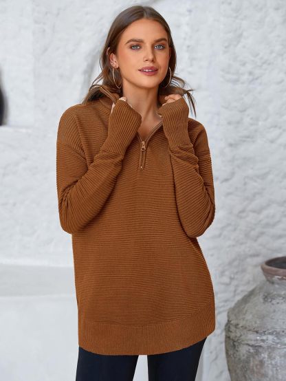  Womens Long Sleeve Quarter Zip Pullover Sweater Casual Loose V Neck Collared Ribbed Knit Jumper Tops Thumb Hole