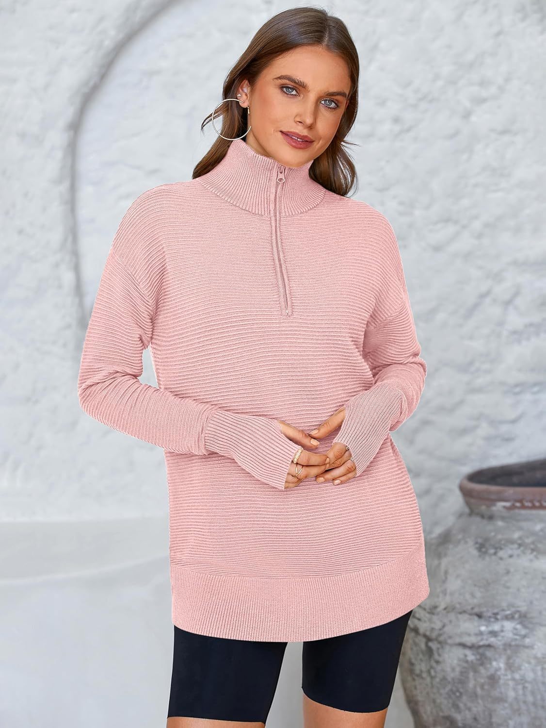  Womens Long Sleeve Quarter Zip Pullover Sweater Casual Loose V Neck Collared Ribbed Knit Jumper Tops Thumb Hole