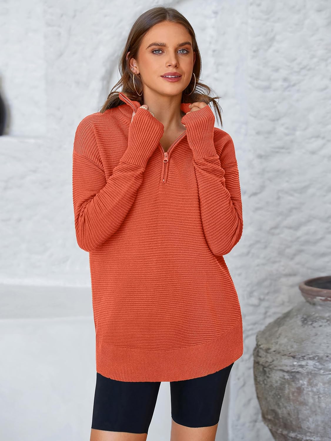  Womens Long Sleeve Quarter Zip Pullover Sweater Casual Loose V Neck Collared Ribbed Knit Jumper Tops Thumb Hole