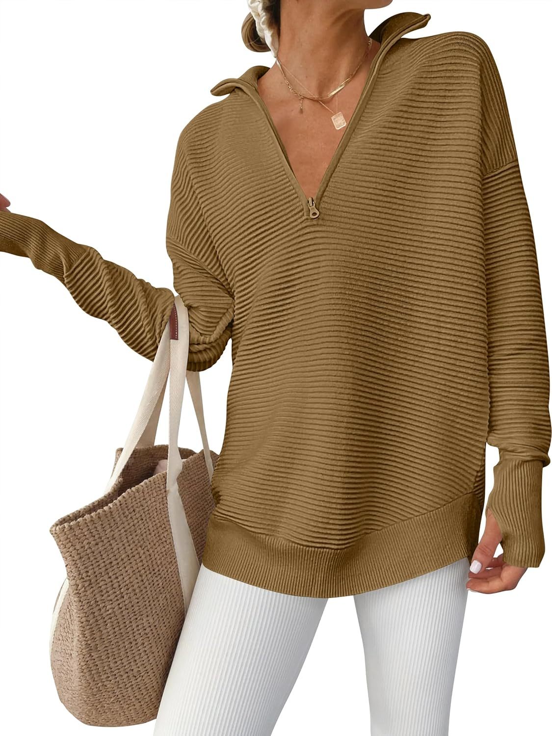 Womens Long Sleeve Quarter Zip Pullover Sweater Casual Loose V Neck Collared Ribbed Knit Jumper Tops Thumb Hole