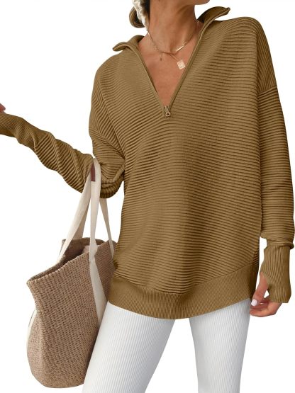 Womens Long Sleeve Quarter Zip Pullover Sweater Casual Loose V Neck Collared Ribbed Knit Jumper Tops Thumb Hole