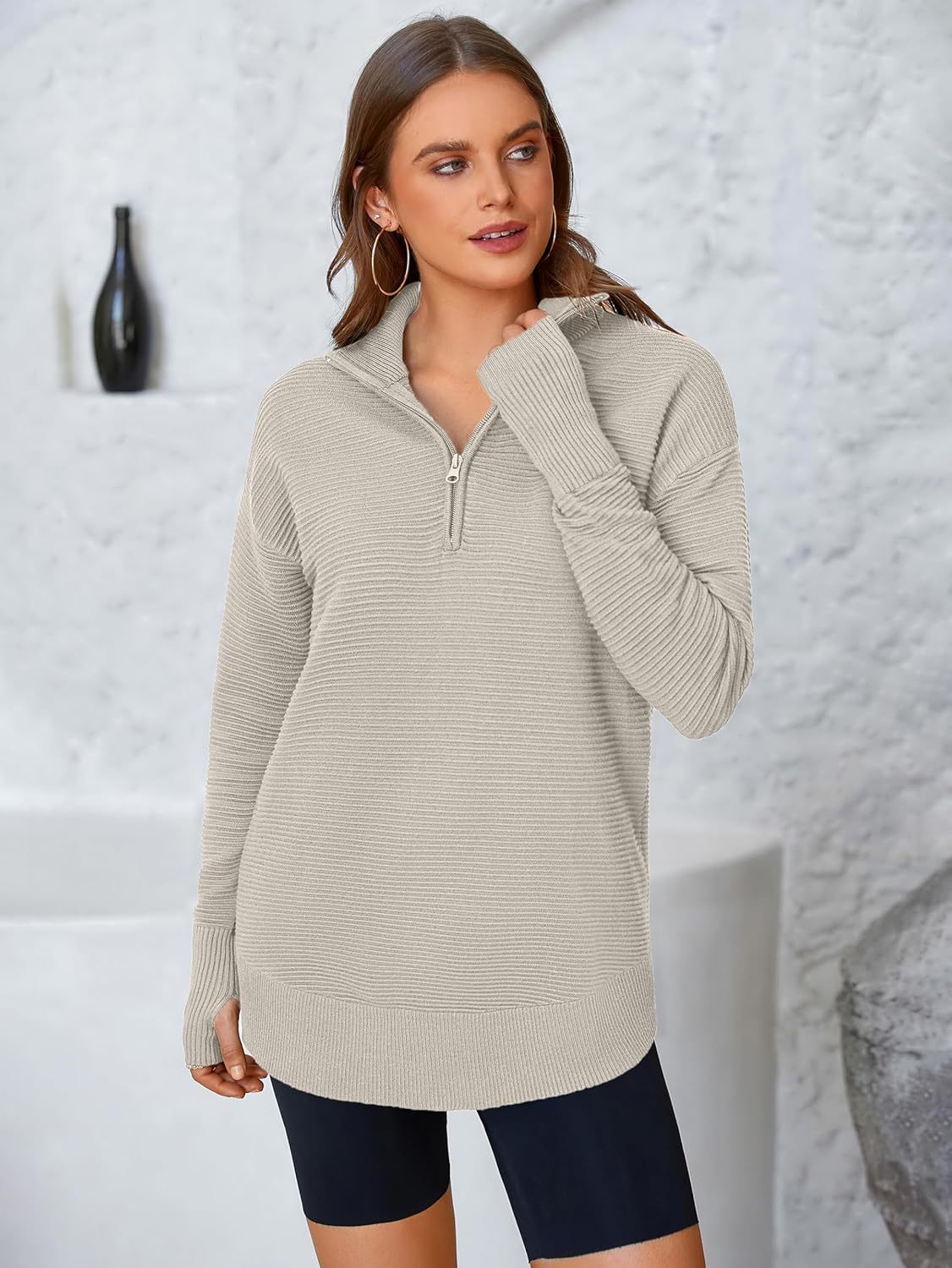  Womens Long Sleeve Quarter Zip Pullover Sweater Casual Loose V Neck Collared Ribbed Knit Jumper Tops Thumb Hole
