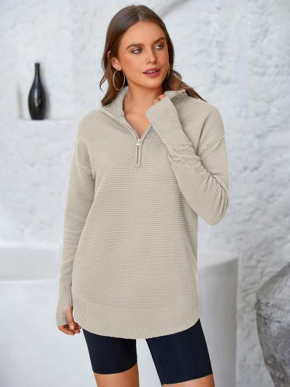  Womens Long Sleeve Quarter Zip Pullover Sweater Casual Loose V Neck Collared Ribbed Knit Jumper Tops Thumb Hole