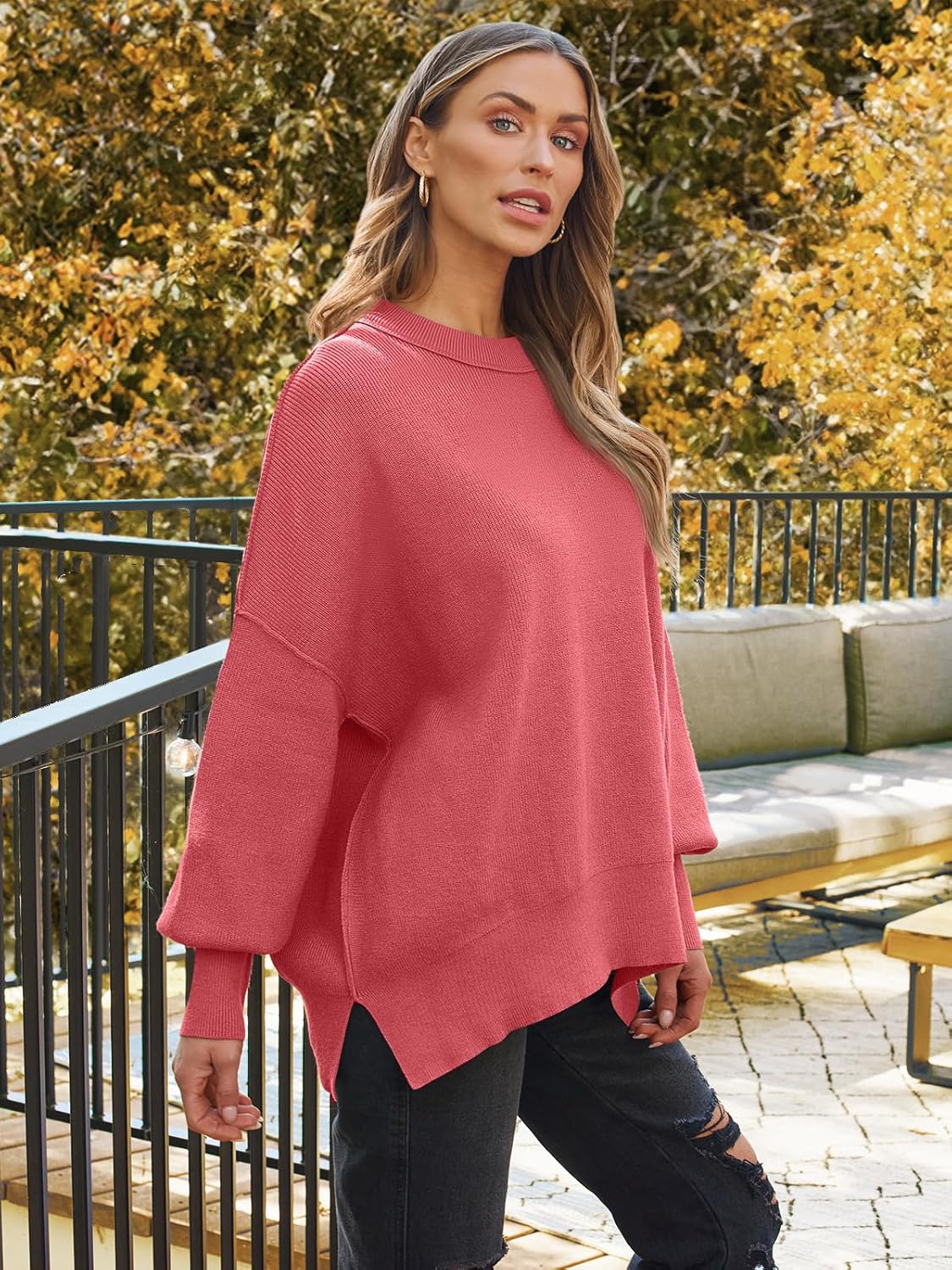 Women's Oversized Batwing Sweaters  Trendy Crewneck Knit Side Slit Fashion Pullover Tops