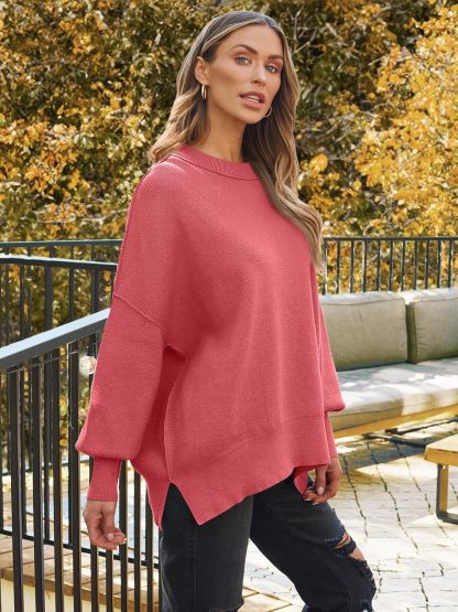 Women's Oversized Batwing Sweaters  Trendy Crewneck Knit Side Slit Fashion Pullover Tops