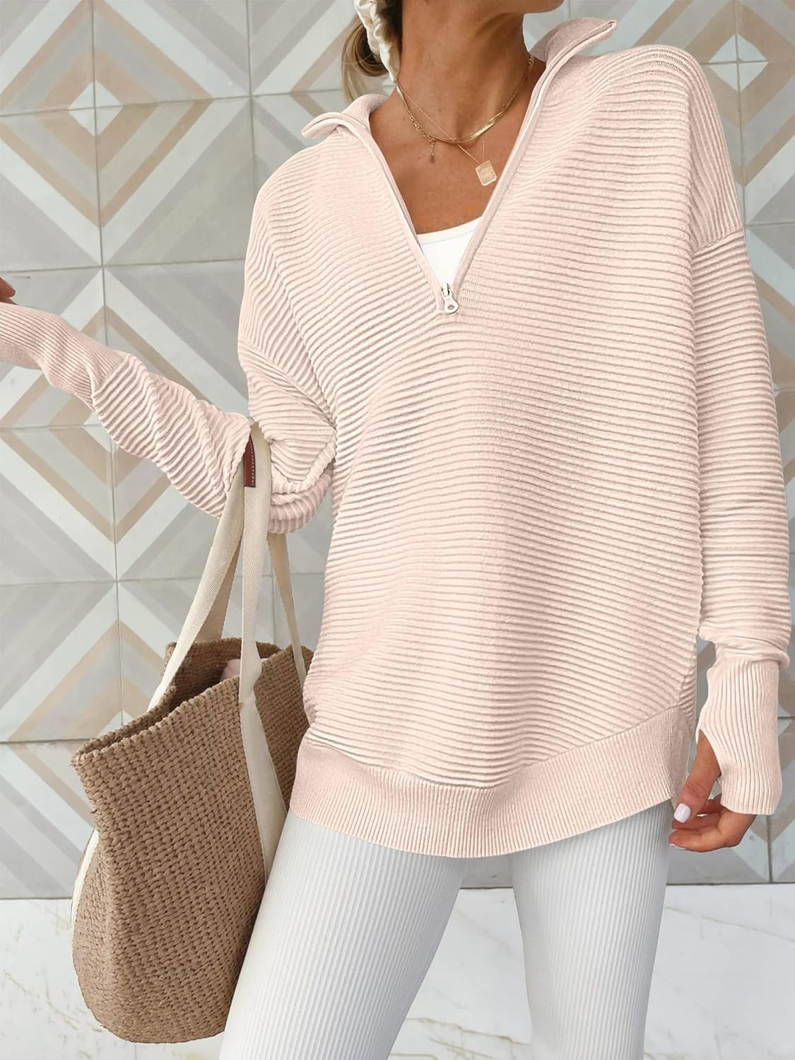 Womens Long Sleeve Quarter Zip Pullover Sweater Casual Loose V Neck Collared Ribbed Knit Jumper Tops Thumb Hole