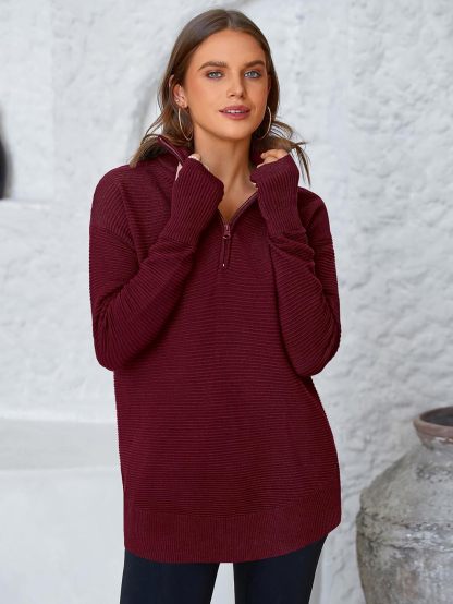  Womens Long Sleeve Quarter Zip Pullover Sweater Casual Loose V Neck Collared Ribbed Knit Jumper Tops Thumb Hole