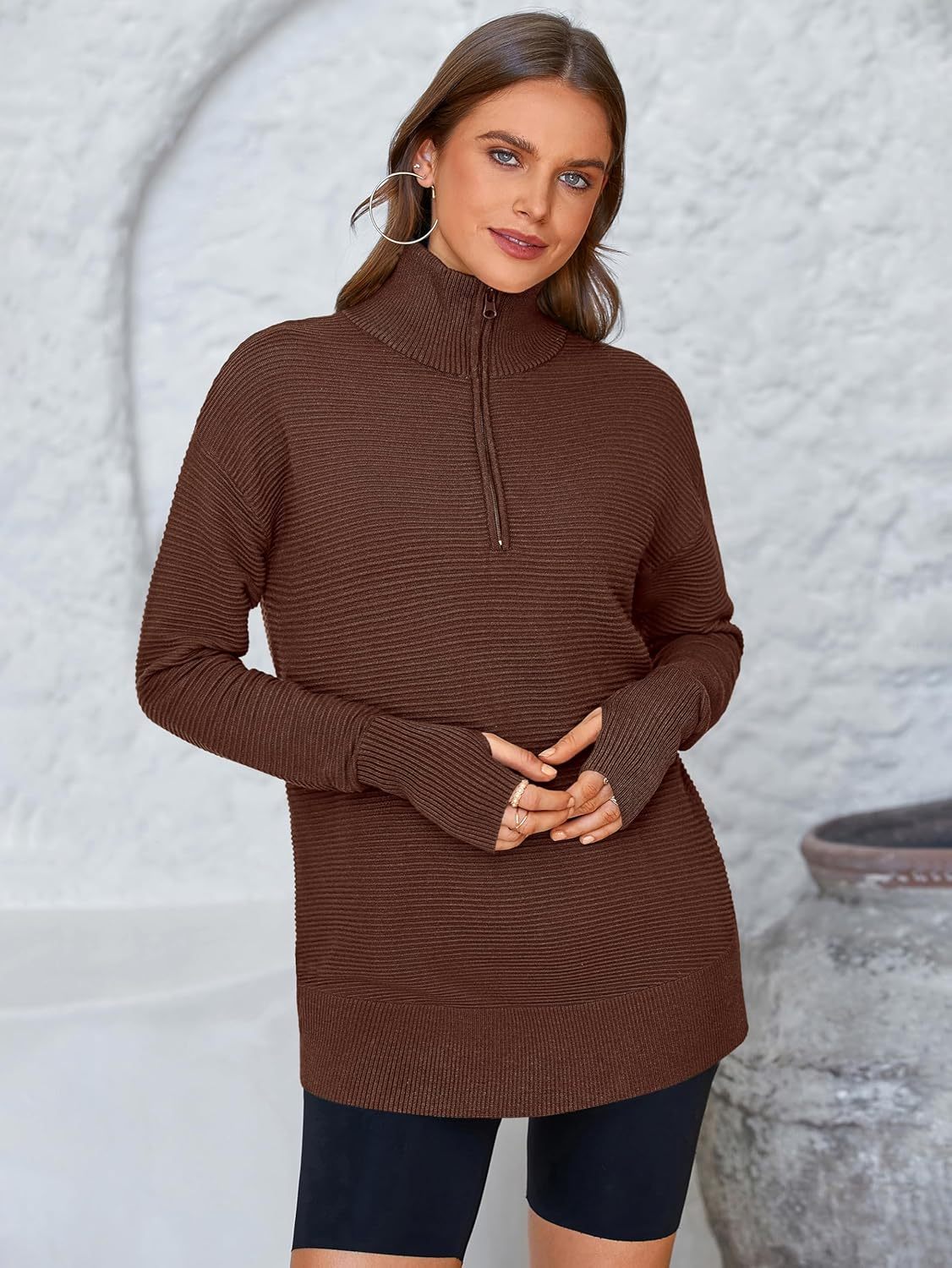  Womens Long Sleeve Quarter Zip Pullover Sweater Casual Loose V Neck Collared Ribbed Knit Jumper Tops Thumb Hole