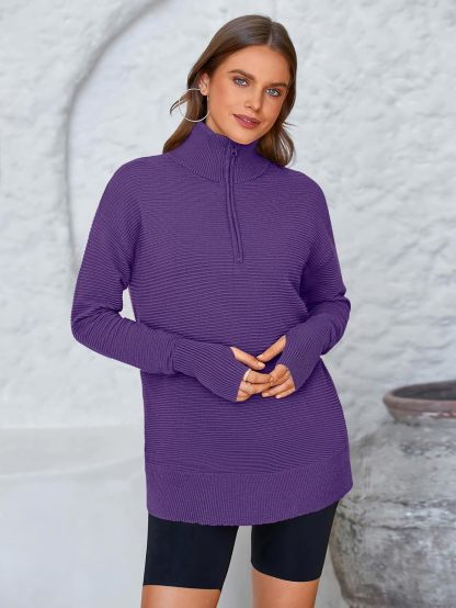  Womens Long Sleeve Quarter Zip Pullover Sweater Casual Loose V Neck Collared Ribbed Knit Jumper Tops Thumb Hole