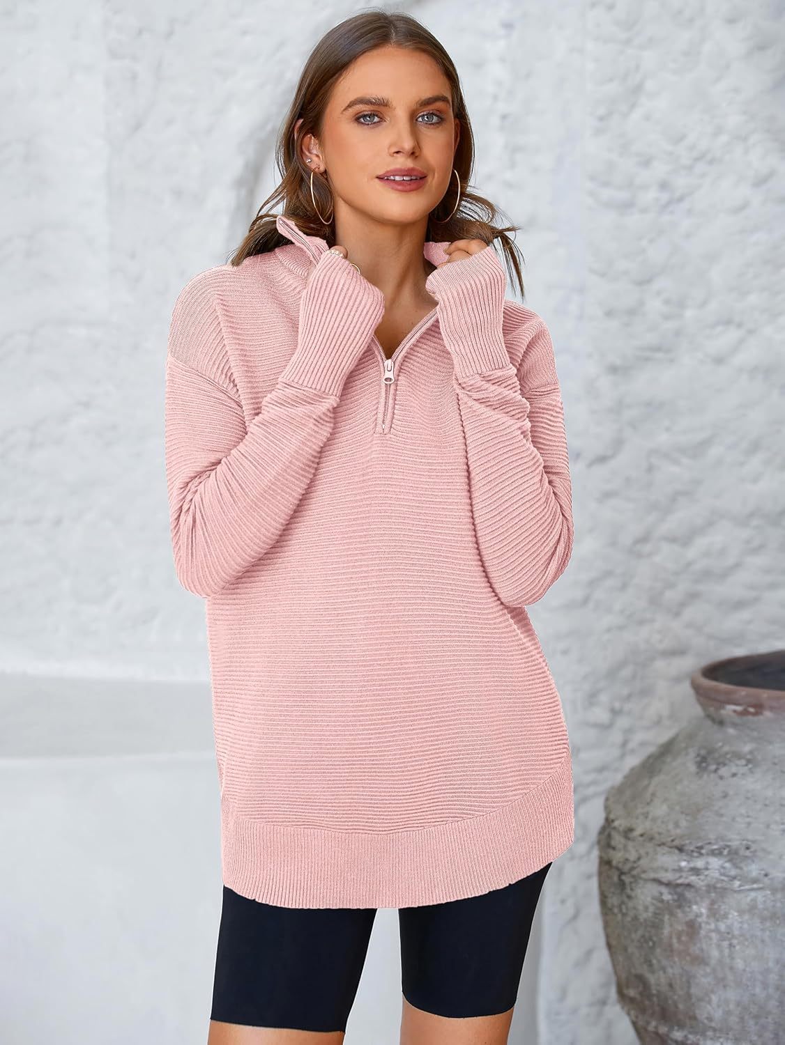  Womens Long Sleeve Quarter Zip Pullover Sweater Casual Loose V Neck Collared Ribbed Knit Jumper Tops Thumb Hole