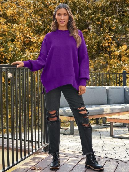 Women's Oversized Batwing Sweaters  Trendy Crewneck Knit Side Slit Fashion Pullover Tops