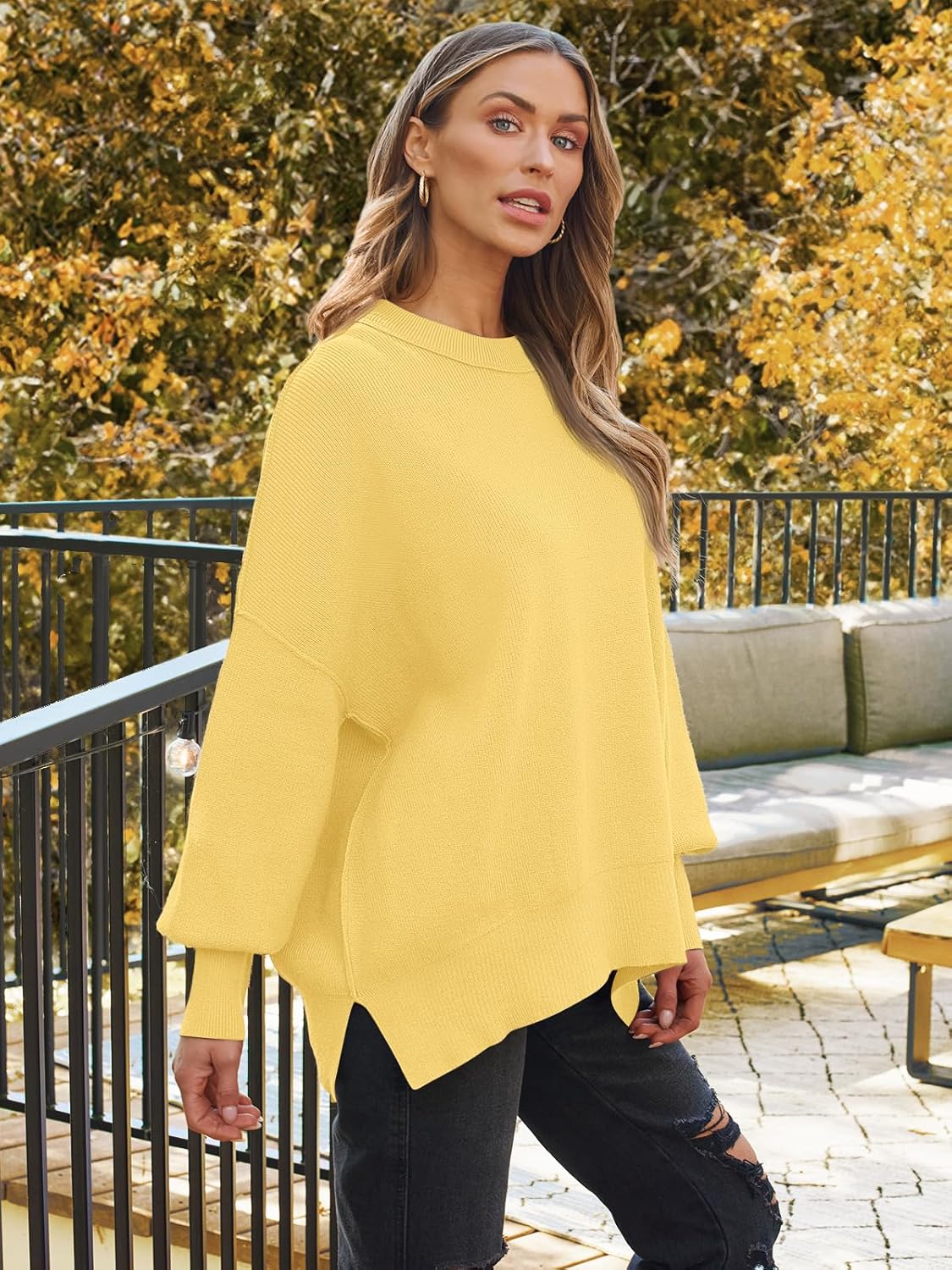Women's Oversized Batwing Sweaters  Trendy Crewneck Knit Side Slit Fashion Pullover Tops