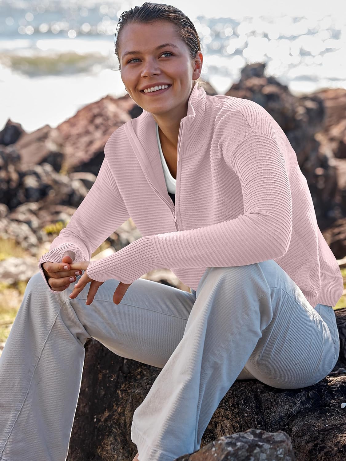 Womens Long Sleeve Quarter Zip Pullover Sweater Casual Loose V Neck Collared Ribbed Knit Jumper Tops Thumb Hole