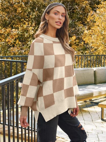 Women's Oversized Batwing Sweaters  Trendy Crewneck Knit Side Slit Fashion Pullover Tops