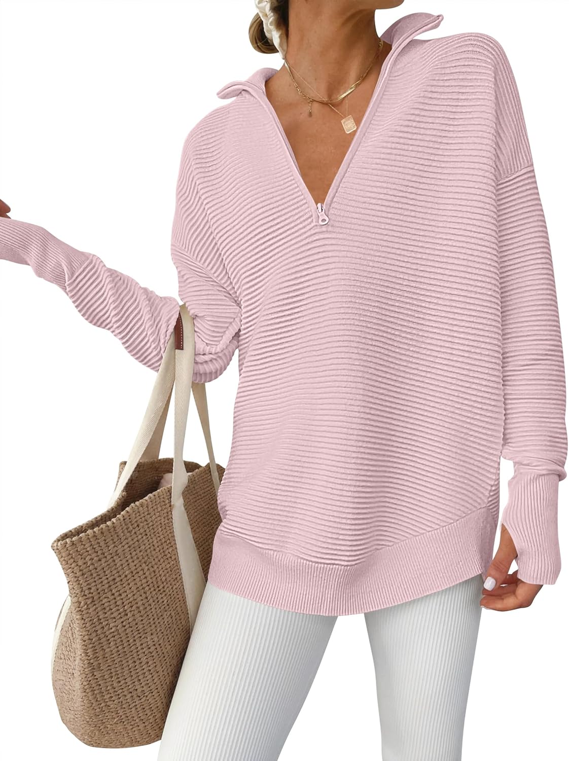 Womens Long Sleeve Quarter Zip Pullover Sweater Casual Loose V Neck Collared Ribbed Knit Jumper Tops Thumb Hole