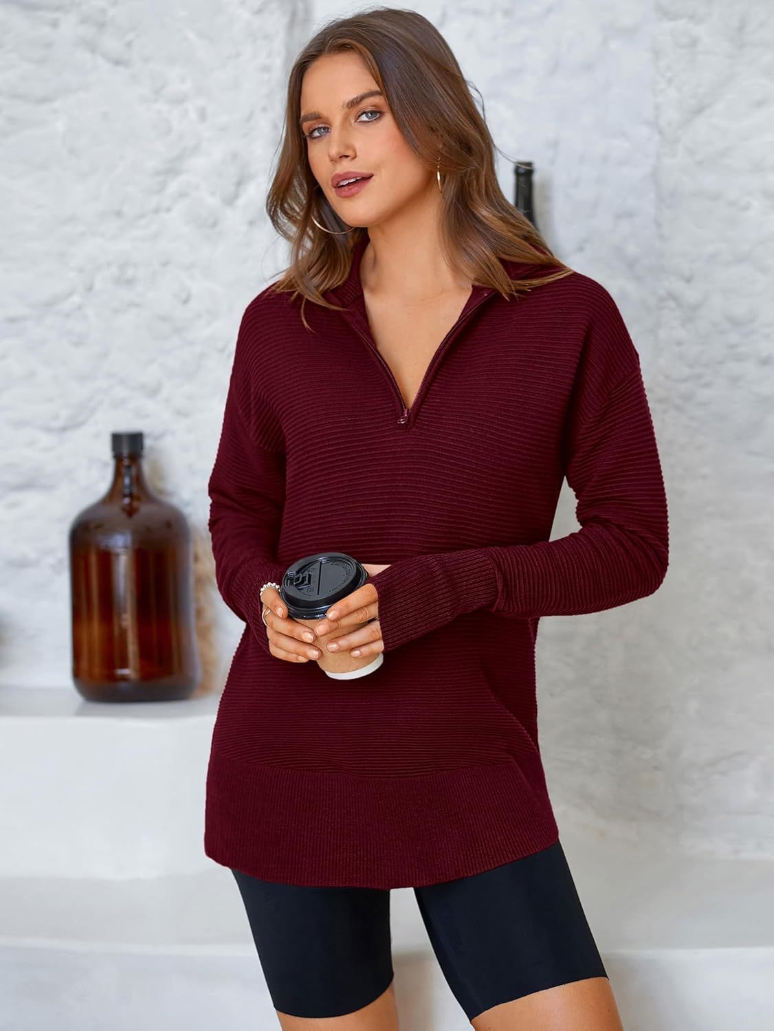  Womens Long Sleeve Quarter Zip Pullover Sweater Casual Loose V Neck Collared Ribbed Knit Jumper Tops Thumb Hole