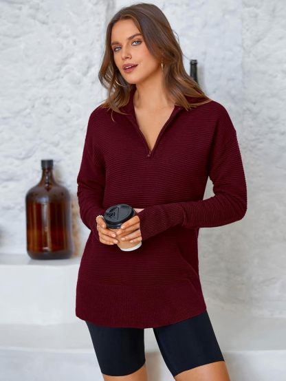  Womens Long Sleeve Quarter Zip Pullover Sweater Casual Loose V Neck Collared Ribbed Knit Jumper Tops Thumb Hole
