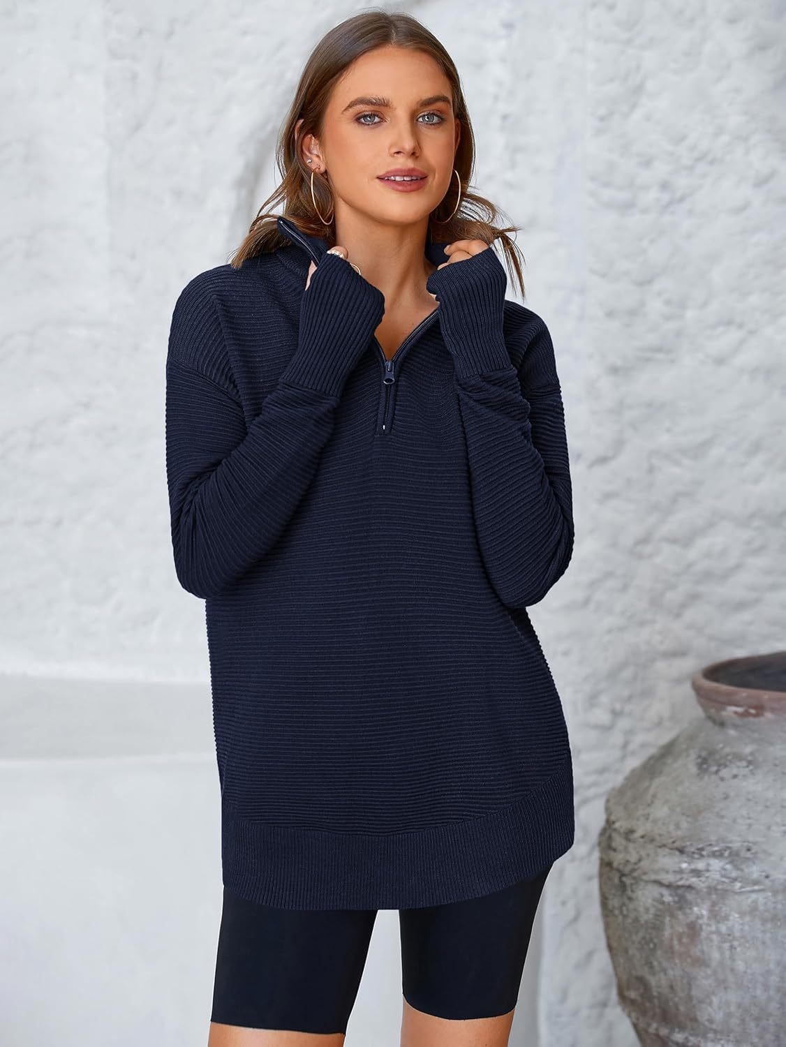  Womens Long Sleeve Quarter Zip Pullover Sweater Casual Loose V Neck Collared Ribbed Knit Jumper Tops Thumb Hole