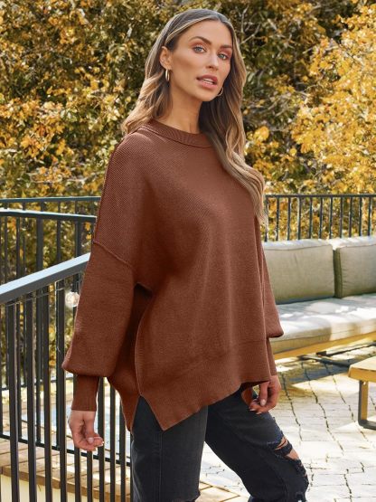 Women's Oversized Batwing Sweaters  Trendy Crewneck Knit Side Slit Fashion Pullover Tops