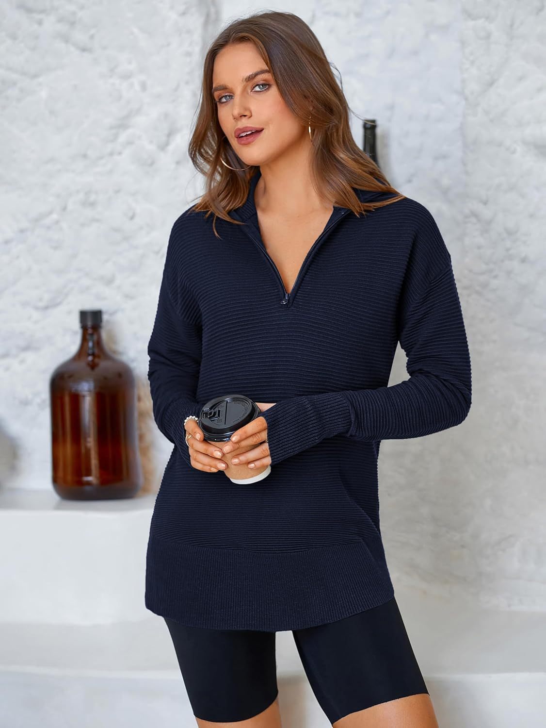  Womens Long Sleeve Quarter Zip Pullover Sweater Casual Loose V Neck Collared Ribbed Knit Jumper Tops Thumb Hole