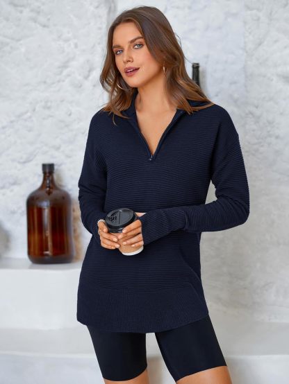  Womens Long Sleeve Quarter Zip Pullover Sweater Casual Loose V Neck Collared Ribbed Knit Jumper Tops Thumb Hole