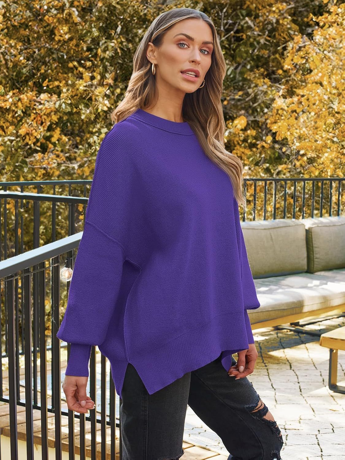 Women's Oversized Batwing Sweaters  Trendy Crewneck Knit Side Slit Fashion Pullover Tops