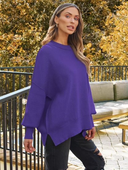 Women's Oversized Batwing Sweaters  Trendy Crewneck Knit Side Slit Fashion Pullover Tops