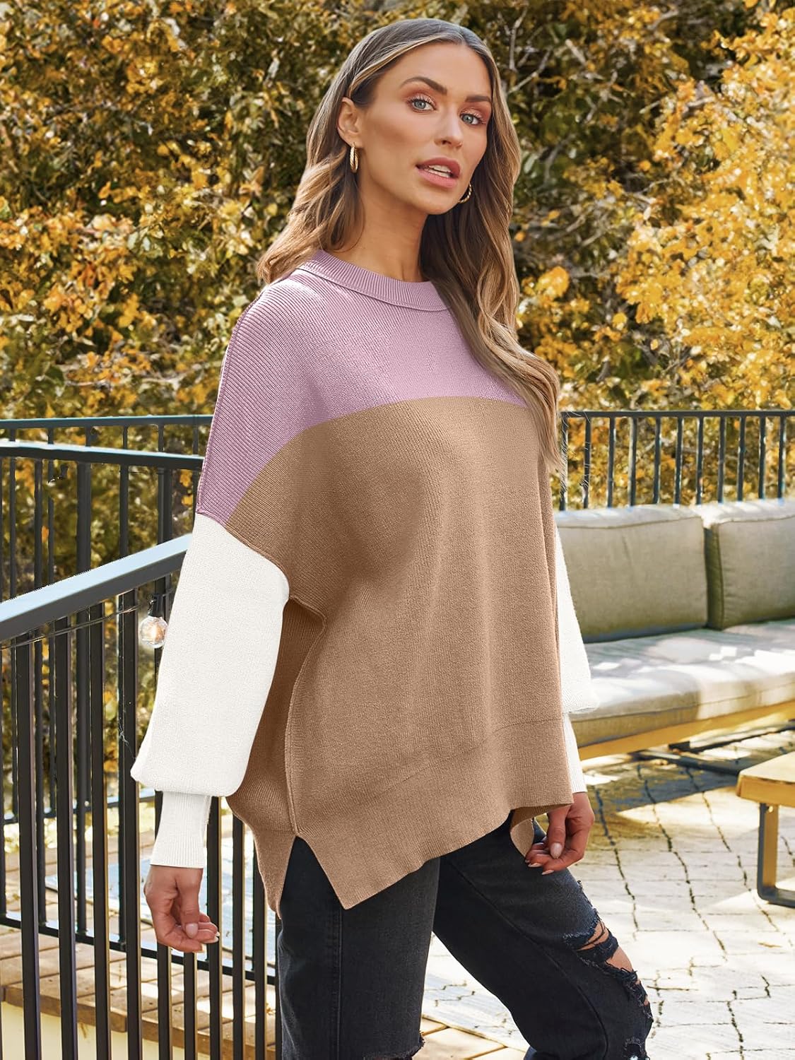 Women's Oversized Batwing Sweaters  Trendy Crewneck Knit Side Slit Fashion Pullover Tops