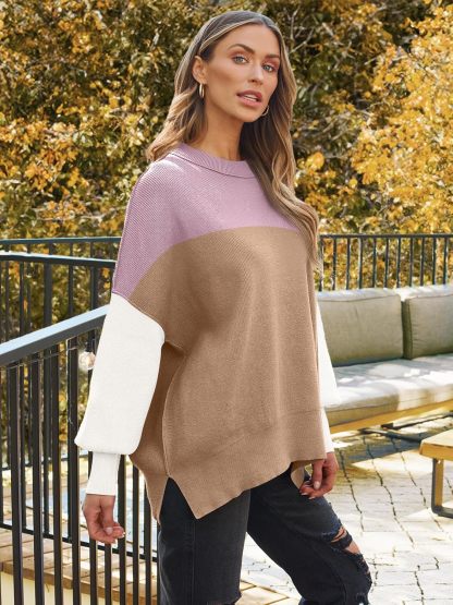 Women's Oversized Batwing Sweaters  Trendy Crewneck Knit Side Slit Fashion Pullover Tops