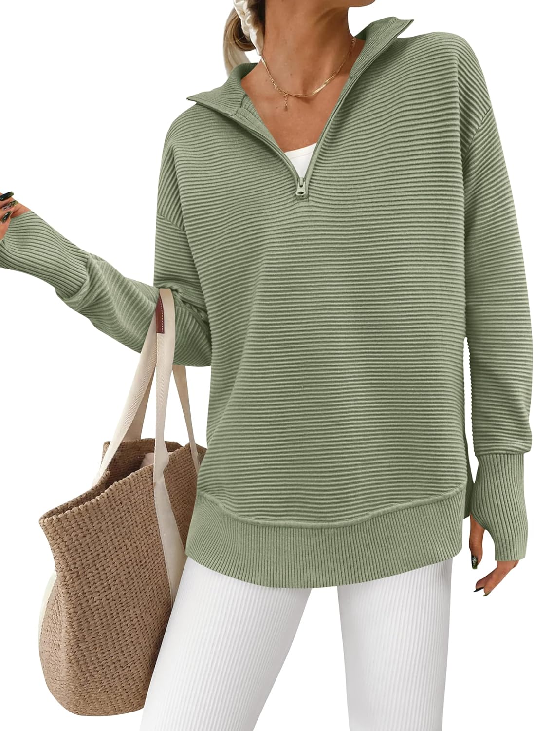  Womens Long Sleeve Quarter Zip Pullover Sweater Casual Loose V Neck Collared Ribbed Knit Jumper Tops Thumb Hole